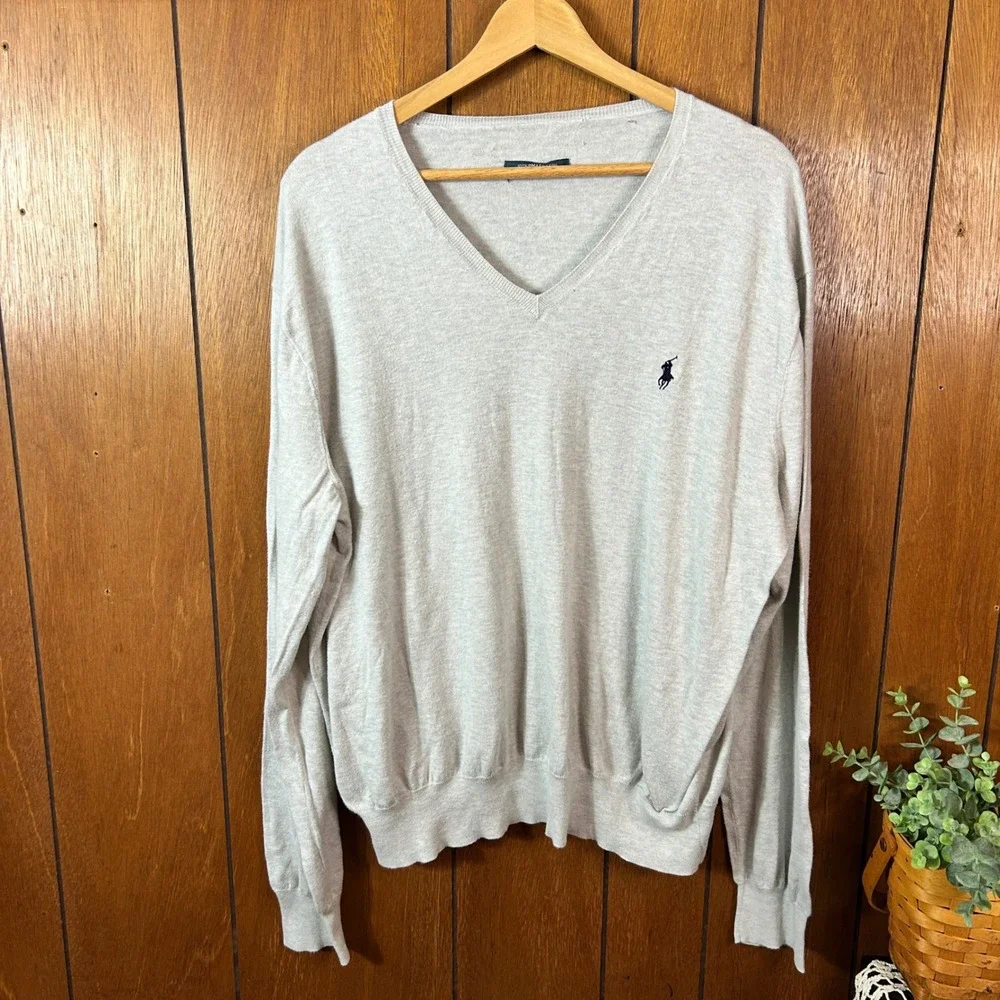Polo‎ Ralph Lauren Mens V Neck Sweater Light Gray 100% Pima Cotton Preppy